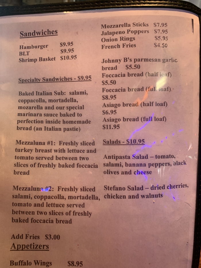 Johnny Bs (Italian Garden) - Menu (newer photo)